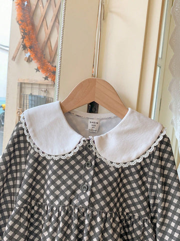Blossori Young Girls Elegant French Style Loose Fit Wide Lapel Plaid Woven Dress, Autumn/Winter