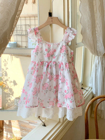 Blossori Young Girls Elegant French Style Pink Floral Ruffle Strap Dress, Spring/Summer