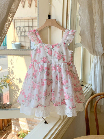 Blossori Young Girls Elegant French Style Pink Floral Ruffle Strap Dress, Spring/Summer