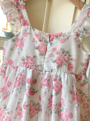 Blossori Young Girls Elegant French Style Pink Floral Ruffle Strap Dress, Spring/Summer