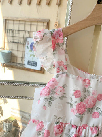 Blossori Young Girls Elegant French Style Pink Floral Ruffle Strap Dress, Spring/Summer