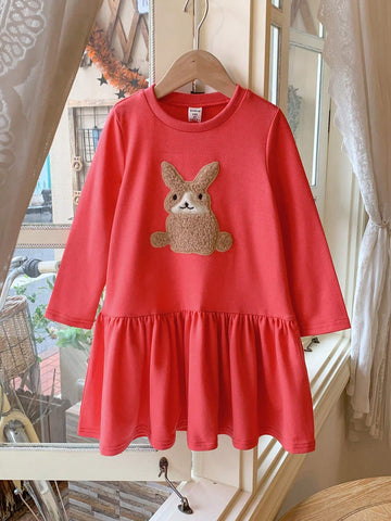 Blossori Young Girls' Elegant French Style Red Animal Embroidery Knit Loose Fit Round Neck Dress, Autumn/Winter