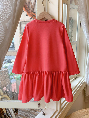 Blossori Young Girls' Elegant French Style Red Animal Embroidery Knit Loose Fit Round Neck Dress, Autumn/Winter