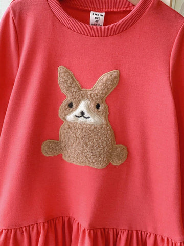 Blossori Young Girls' Elegant French Style Red Animal Embroidery Knit Loose Fit Round Neck Dress, Autumn/Winter
