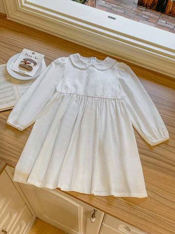 Blossori Young Girls Elegant French Style White Knit & Woven Patchwork Loose Turtleneck Dress, Autumn/Winter