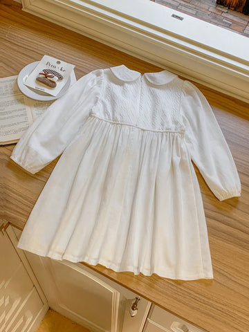 Blossori Young Girls Elegant French Style White Knit & Woven Patchwork Loose Turtleneck Dress, Autumn/Winter