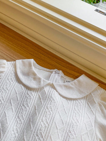 Blossori Young Girls Elegant French Style White Knit & Woven Patchwork Loose Turtleneck Dress, Autumn/Winter