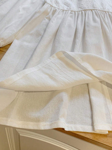 Blossori Young Girls Elegant French Style White Knit & Woven Patchwork Loose Turtleneck Dress, Autumn/Winter