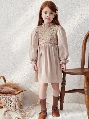 Blossori Young Girls Elegant French Style Woven Cable Knit A-Line Fitted Waist Dress, Khaki, Autumn/Winter