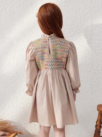 Blossori Young Girls Elegant French Style Woven Cable Knit A-Line Fitted Waist Dress, Khaki, Autumn/Winter