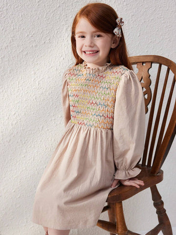 Blossori Young Girls Elegant French Style Woven Cable Knit A-Line Fitted Waist Dress, Khaki, Autumn/Winter
