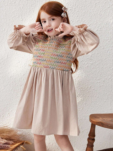 Blossori Young Girls Elegant French Style Woven Cable Knit A-Line Fitted Waist Dress, Khaki, Autumn/Winter