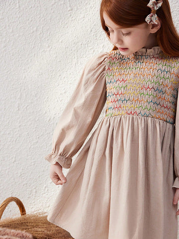 Blossori Young Girls Elegant French Style Woven Cable Knit A-Line Fitted Waist Dress, Khaki, Autumn/Winter