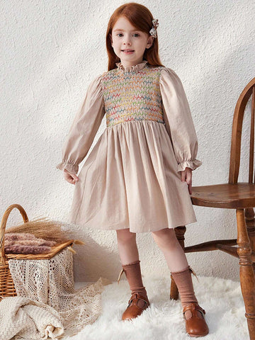 Blossori Young Girls Elegant French Style Woven Cable Knit A-Line Fitted Waist Dress, Khaki, Autumn/Winter