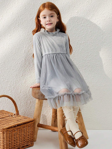 Blossori Young Girls Elegant Grey Mesh Knitted Fitted Waist A-Line Ruffle Collar Dress, Autumn/Winter
