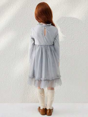 Blossori Young Girls Elegant Grey Mesh Knitted Fitted Waist A-Line Ruffle Collar Dress, Autumn/Winter