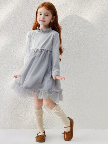 Blossori Young Girls Elegant Grey Mesh Knitted Fitted Waist A-Line Ruffle Collar Dress, Autumn/Winter