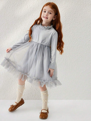 Blossori Young Girls Elegant Grey Mesh Knitted Fitted Waist A-Line Ruffle Collar Dress, Autumn/Winter