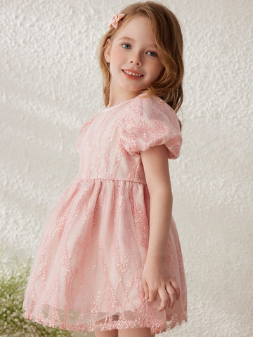 Blossori Young Girls' Elegant Hollow Out Embroidered Pink Mesh Fabric Round Neck Dress, For Spring & Summer