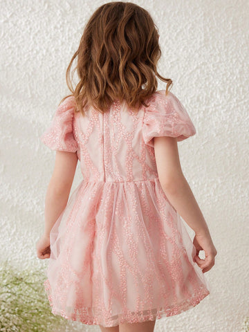 Blossori Young Girls' Elegant Hollow Out Embroidered Pink Mesh Fabric Round Neck Dress, For Spring & Summer
