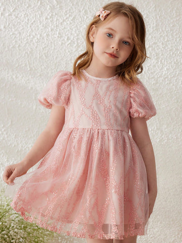 Blossori Young Girls' Elegant Hollow Out Embroidered Pink Mesh Fabric Round Neck Dress, For Spring & Summer