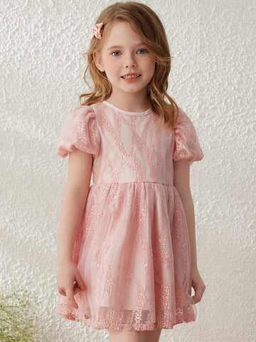 Blossori Young Girls' Elegant Hollow Out Embroidered Pink Mesh Fabric Round Neck Dress, For Spring & Summer