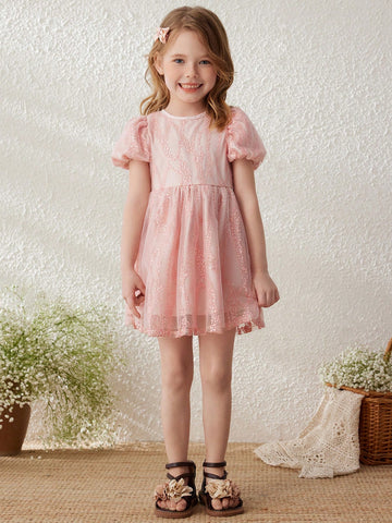 Blossori Young Girls' Elegant Hollow Out Embroidered Pink Mesh Fabric Round Neck Dress, For Spring & Summer