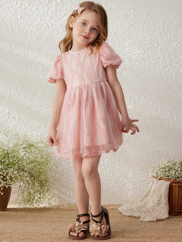 Blossori Young Girls' Elegant Hollow Out Embroidered Pink Mesh Fabric Round Neck Dress, For Spring & Summer