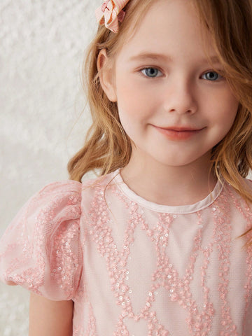 Blossori Young Girls' Elegant Hollow Out Embroidered Pink Mesh Fabric Round Neck Dress, For Spring & Summer