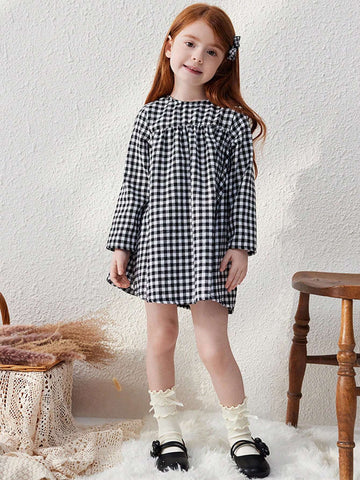 Blossori Young Girls' Elegant Relaxed Fit Plaid Woven Round Neck Dress, Autumn/Winter
