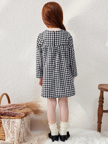 Blossori Young Girls' Elegant Relaxed Fit Plaid Woven Round Neck Dress, Autumn/Winter