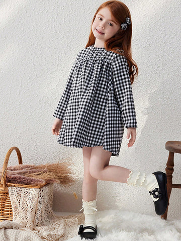 Blossori Young Girls' Elegant Relaxed Fit Plaid Woven Round Neck Dress, Autumn/Winter