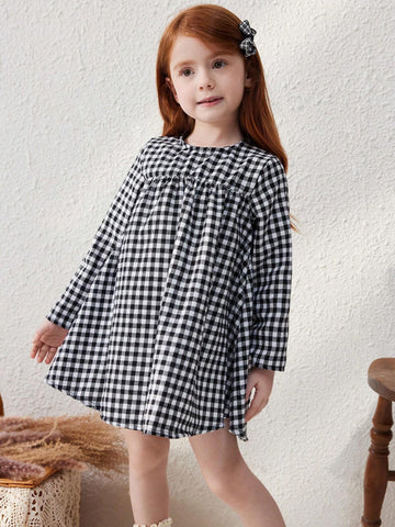 Blossori Young Girls' Elegant Relaxed Fit Plaid Woven Round Neck Dress, Autumn/Winter