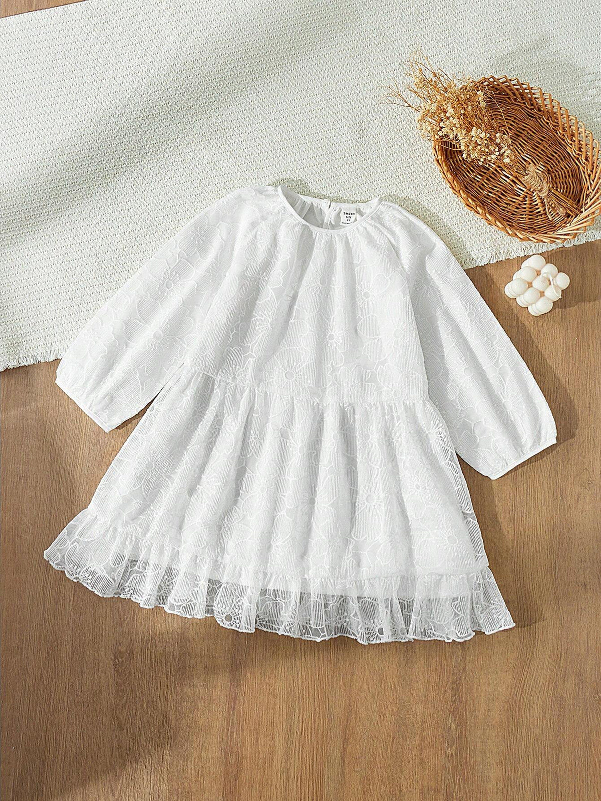 Blossori Young Girls Elegant White Flower Embroidered Loose Fit Round Neck Woven Dress, Autumn/Winter