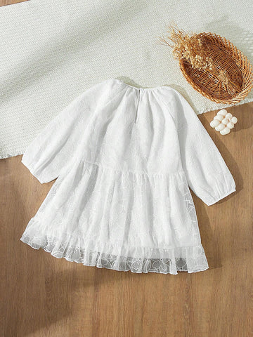 Blossori Young Girls Elegant White Flower Embroidered Loose Fit Round Neck Woven Dress, Autumn/Winter
