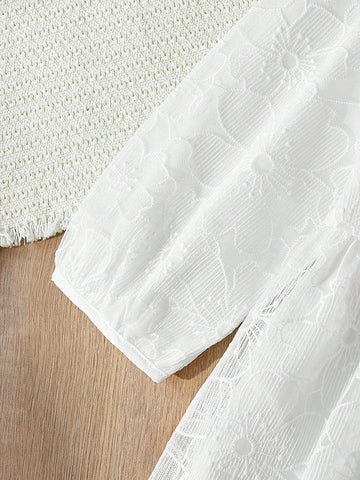 Blossori Young Girls Elegant White Flower Embroidered Loose Fit Round Neck Woven Dress, Autumn/Winter