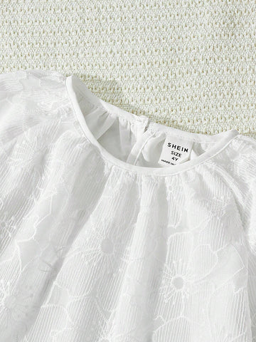 Blossori Young Girls Elegant White Flower Embroidered Loose Fit Round Neck Woven Dress, Autumn/Winter