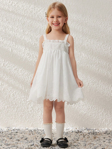 Blossori Young Girls Elegant White Textured Embroidered Cotton Woven Camisole Dress, Spring/Summer
