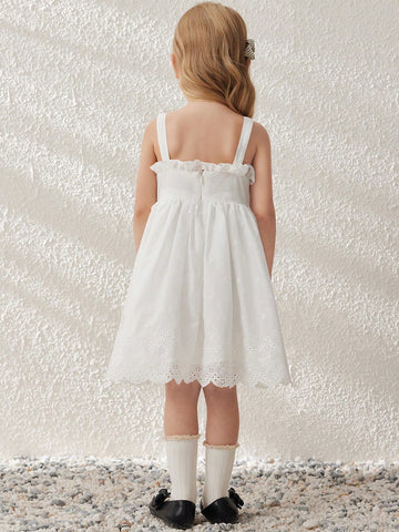 Blossori Young Girls Elegant White Textured Embroidered Cotton Woven Camisole Dress, Spring/Summer