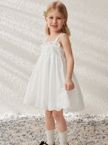 Blossori Young Girls Elegant White Textured Embroidered Cotton Woven Camisole Dress, Spring/Summer
