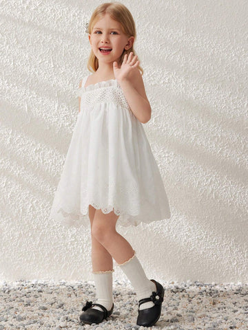 Blossori Young Girls Elegant White Textured Embroidered Cotton Woven Camisole Dress, Spring/Summer