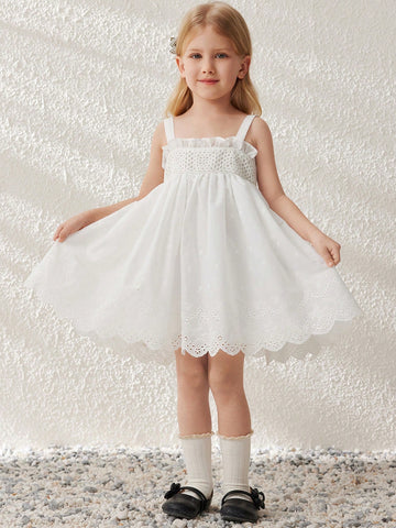 Blossori Young Girls Elegant White Textured Embroidered Cotton Woven Camisole Dress, Spring/Summer
