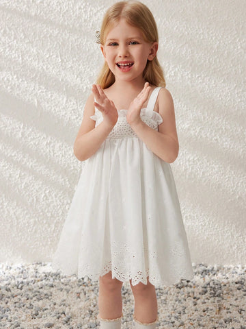 Blossori Young Girls Elegant White Textured Embroidered Cotton Woven Camisole Dress, Spring/Summer