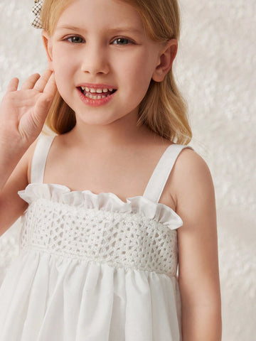 Blossori Young Girls Elegant White Textured Embroidered Cotton Woven Camisole Dress, Spring/Summer