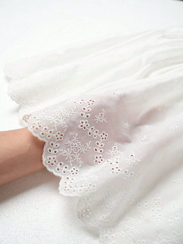 Blossori Young Girls Elegant White Textured Embroidered Cotton Woven Camisole Dress, Spring/Summer