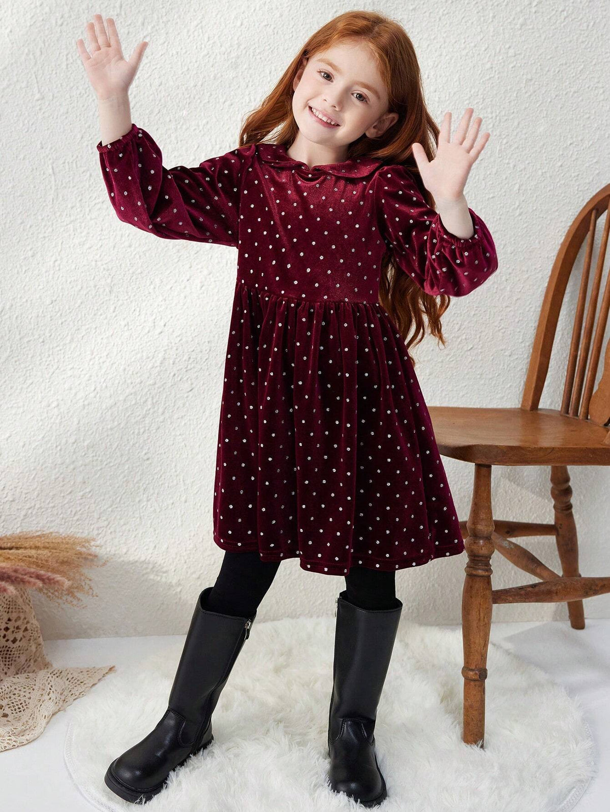 Blossori Young Girls Elegant Wine Red Polka Dot Loose Knit Dress With Small Collar, Autumn/Winter