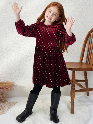 Blossori Young Girls Elegant Wine Red Polka Dot Loose Knit Dress With Small Collar, Autumn/Winter