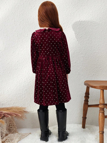 Blossori Young Girls Elegant Wine Red Polka Dot Loose Knit Dress With Small Collar, Autumn/Winter