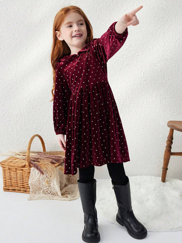 Blossori Young Girls Elegant Wine Red Polka Dot Loose Knit Dress With Small Collar, Autumn/Winter