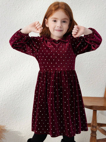 Blossori Young Girls Elegant Wine Red Polka Dot Loose Knit Dress With Small Collar, Autumn/Winter